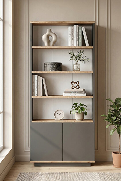 Yurudesign Future Kitaplık Raf 2 Kapaklı Raflı 168cm Çam-Antrasit