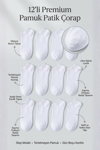 White Colored Basic 12-Piece Step Socks