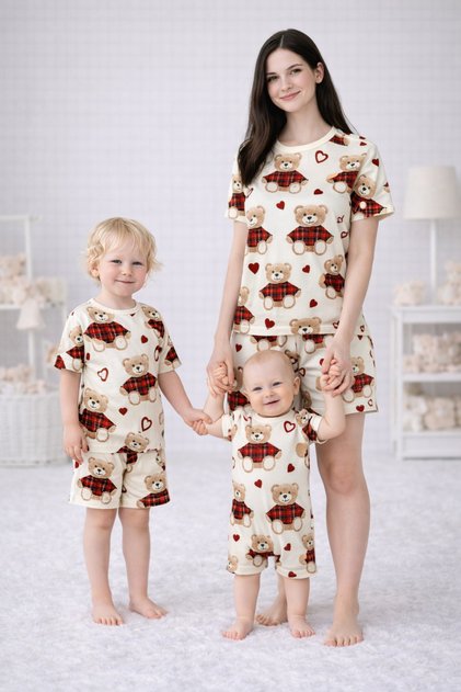 Mother-Child Matching Pajama Set Plaid Bear Pattern Short Sleeve Shorts (Sold Separately)