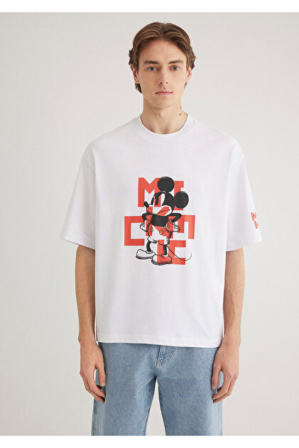 Mavi Mickey Mouse Baskılı Beyaz Tişört Boxy Fit 0612561-620