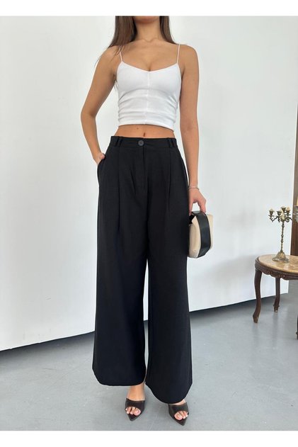New Season Double Pleated Double Bridged Buttoned Bol P Wide-Leg Leg Palazzo Linen Linen Pants