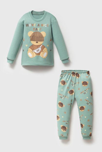 100% Cotton Cotton Piece Bear with Hat Printed Baby&Child Pajama Set Green