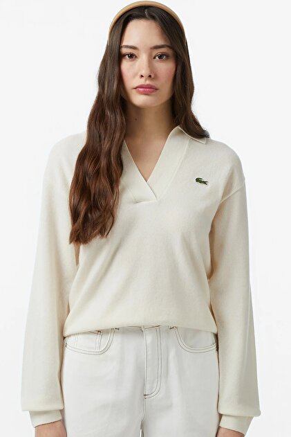 Lacoste Women's Classic Fit Polo Collar Cream Sweater Kadın Polo