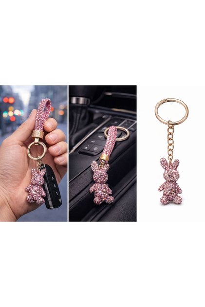 Lüks Taşlı Tavşan Figürlü Anahtarlık – Pembe Kristal Taşlı Çanta & Oto Aksesuarı