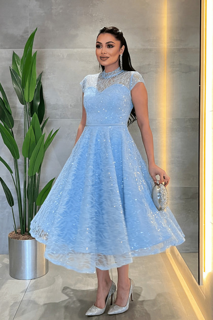 giyimmasal Lace Sequin Fabric Midi Dress - Baby Blue- Trendyol