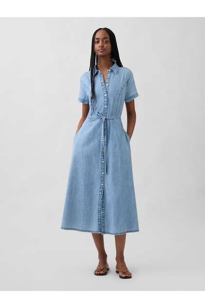 Kadın Açık Mavi Denim Tie-Waist Midi Gömlek Elbise