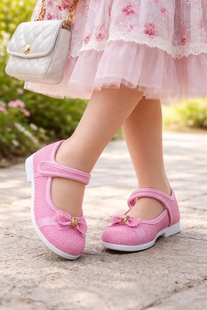 Girl's Babet Velcro Velcro Silver Bow Detail Slip-resistant Lightweight Sole Babet Red
