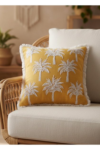 Tropical Palm Patterned Cushion Mustard 45 X 45 cm
