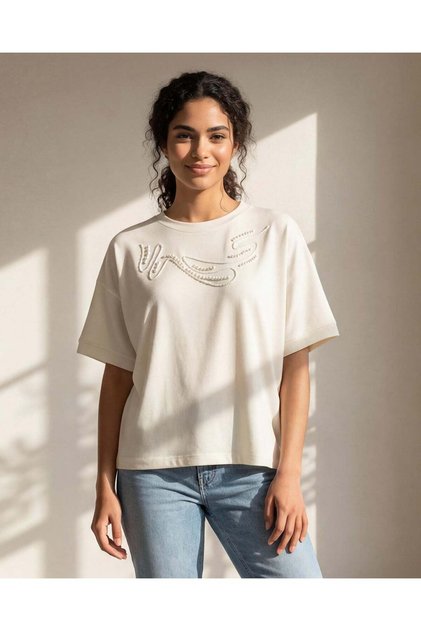 Women White Embellished T-Shirt