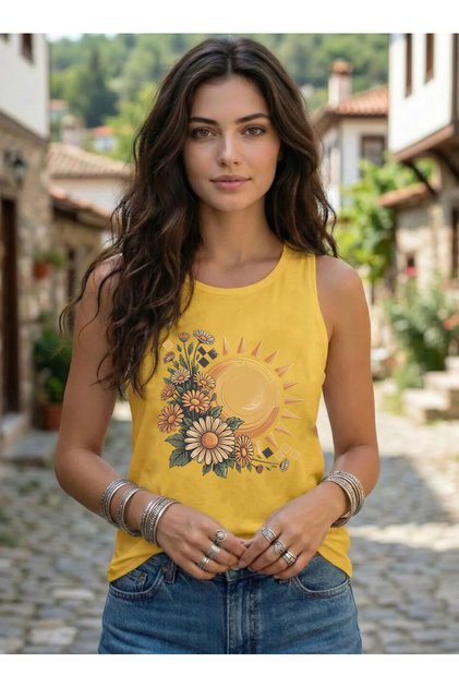Retro Güneş Printed Sleeveless Women's Summer U-Neck Strappy Athlete Tshirt