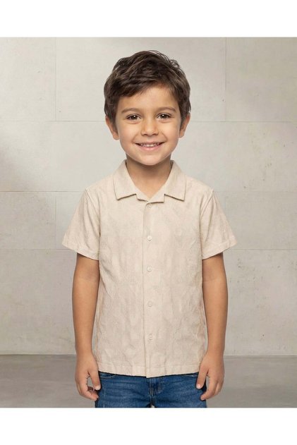 Boys Beige Jacquard Resort Collar Shirt