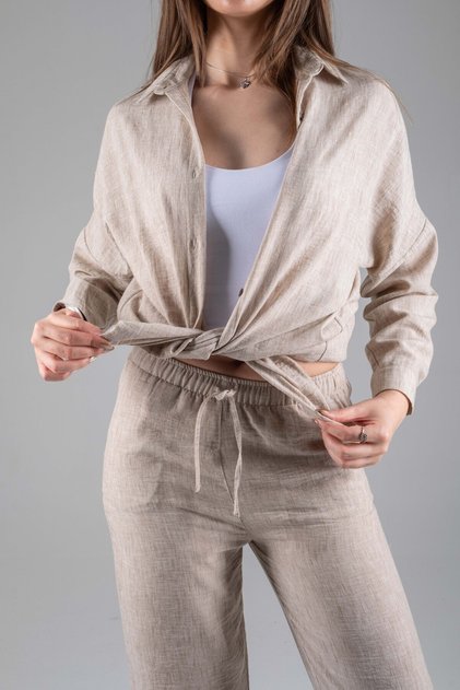 Women's Linen Pants Long Sleeve Shirt Top and Bottom Set