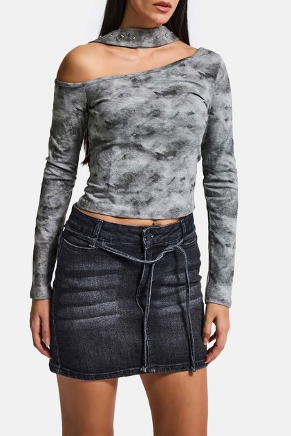Kadın Koyu Füme 2s6-1 Straight Fit Kemer Detaylı Elastan Mini Denim Etek