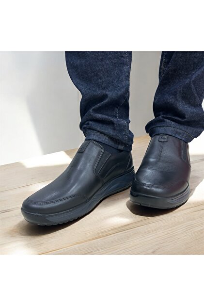 Siyah Tam Ortopedik Hakiki Deri Erkek Günlük Yürüyüş Ayakkabısı