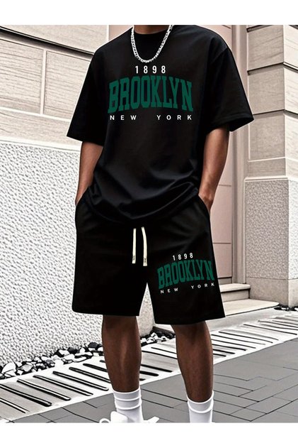 Brokleyn shorts t-shirt - shorts bottom top tracksuit set Printed Oversized crew neck