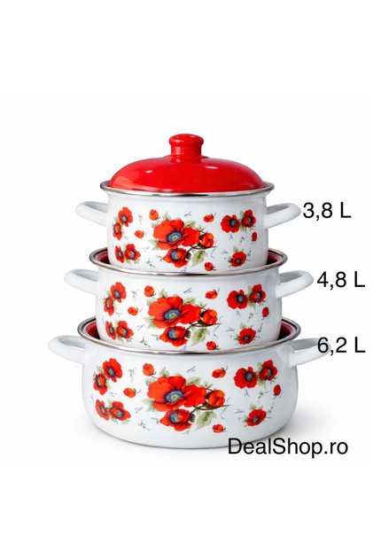 Set de 3 oale de bucătărie emailate cu capac 3,8L, 4,8L, 6,2L – Model Maci Roșii
