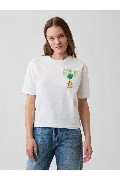 Kadın Beyaz Peanuts Oversized Bisiklet Yaka T-Shirt