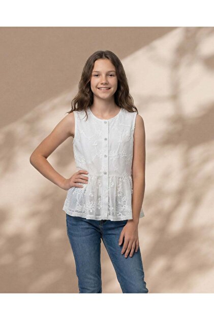 Senior Girls White Mesh Embroidered Peplum Top