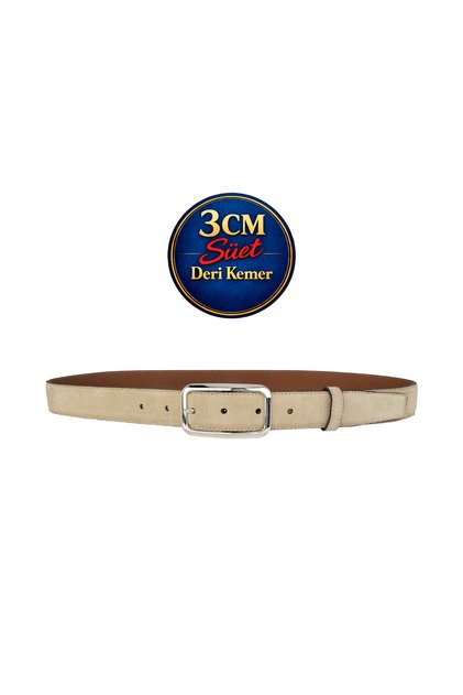 Genuine Leather , 3 cm Silver Color Buckled , Cream Suede , Stitched Classic Women's Belt I, 3Cmkla50