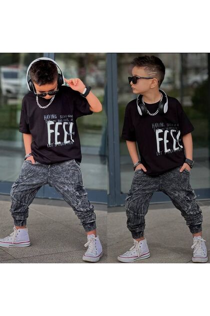Boy's Feel Written Hem Detail Top and Bottom 2-Piece Set (Black)