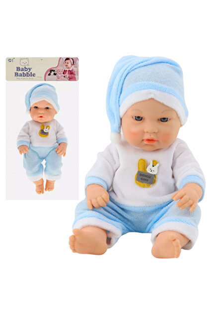 Papusa bebelus in pijama albastra cu caciulita, brate si picioare mobile, 30 cm