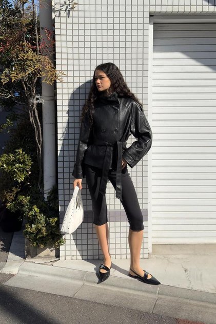 Pb Double-Breasted Buttoned Black Women's Leather Jacket