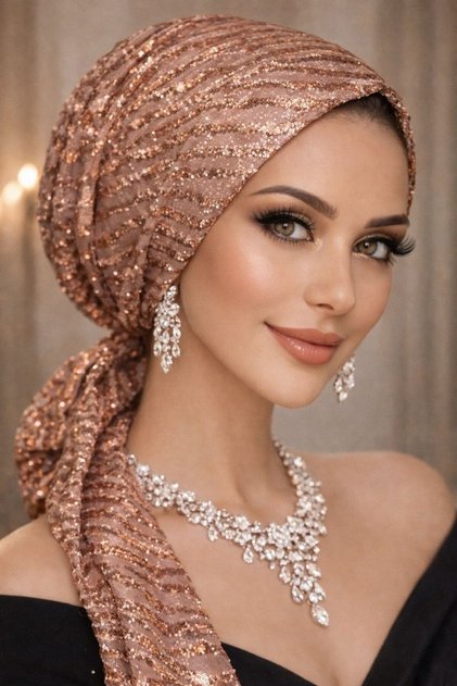Copper Glittery Evening Dress Scarf Bonnet