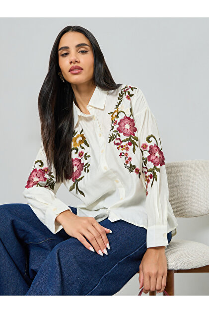 White Floral Embroidered Shirt