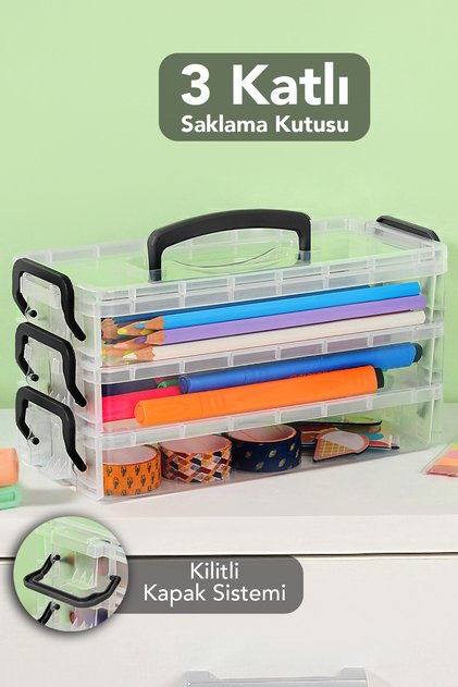 3 Katlı Organizer Saklama Kutusu - Kilitli Kapak Şeffaf Çok Amaçlı Masaüstü Düzenleyici Kutu