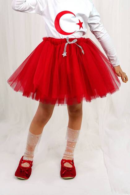 Red Colorful Girls' Fluffy Tutu Skirt with Silver Ribbon | April 23 | October 29