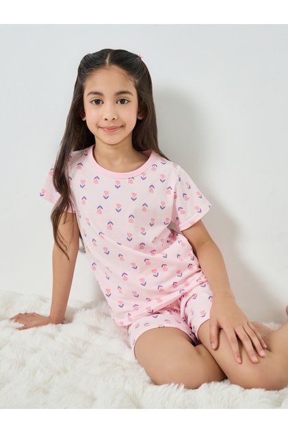 Girls Pink Floral Print Cotton T-Shirt and Shorts Pyjama Set