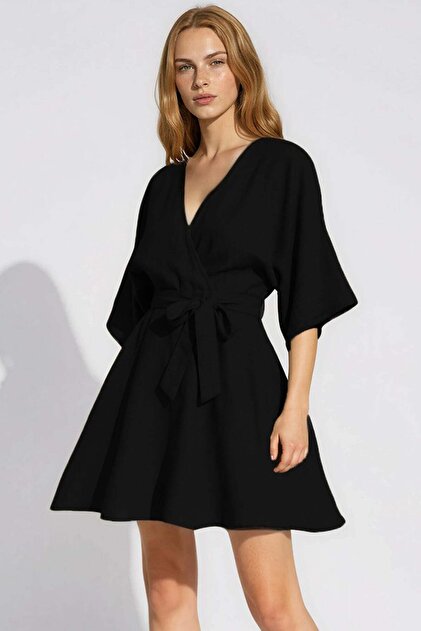 Black Double-Breasted Collared Linen Dress with Gathered Waist Alc-X13746