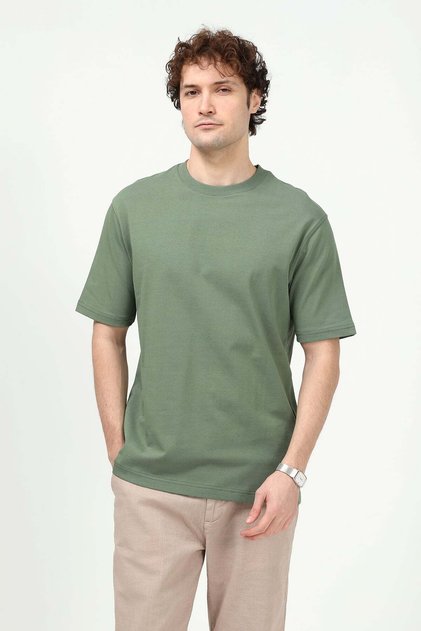 Erkek Bisiklet Yaka Basic %100 Pamuklu T-Shirt Yeşil - 26Y 5446