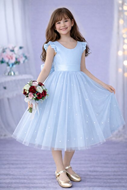 MadyaButik Girl's Baby Blue Ruffle Sleeve Pearl Dress Graduation Birthday Special Occasion Evening Dress- Trendyol MadyaButik Girl's Baby Blue Ruffle Sleeve Pearl Dress Graduation Birthday Special Occasion Evening Dress- Trendyol