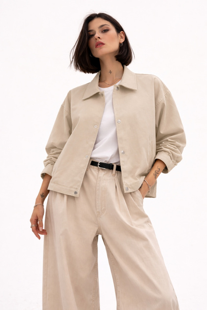 freemen Kadın Oversize Basic Gabardin Mevsimlik Polo Yaka Çağla