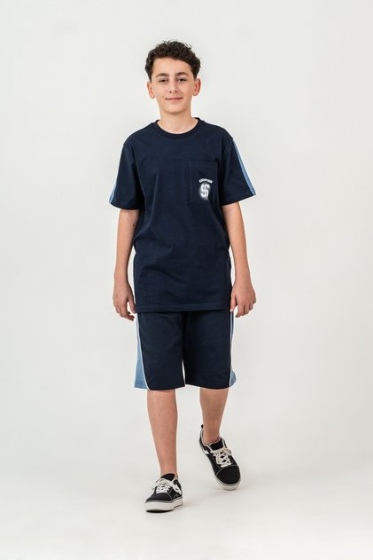 Top Front Pocket Printed Pockets Paneled Bottom Sides Paneled Boys Shorts - T-Shirt Set