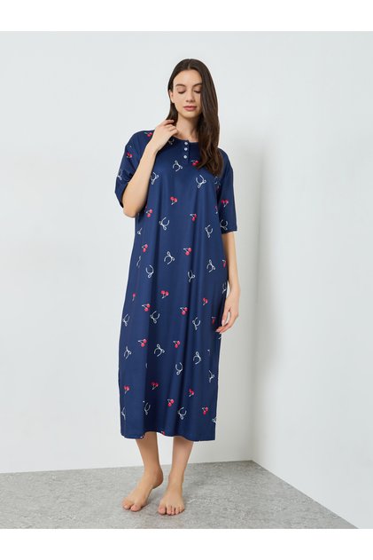 Navy Blue Cherry Print Short Sleeve T-Shirt Dress