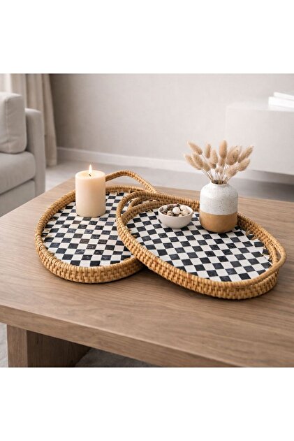 MİEN Damalı Oval Tepsi 2 Li Set