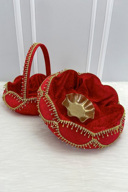Red Bridal Henna Night Tray Basket Set with Velvet Shiny Stone Decorations, Engagement, Wedding, Marriage, Promise