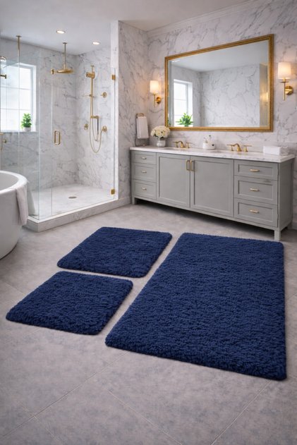 Plush , Pufy , Soft, Non-Slip Sole , Washable , 60X100-60X50-30X40 Cm, 3-Piece Bathroom Set