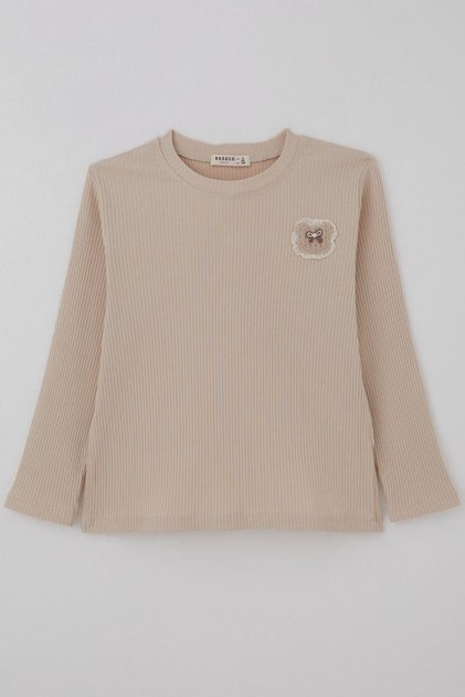 Girls' Long Sleeve T-Shirt with Embroidery Detail Solid Color 5-10 Years Old, Beige