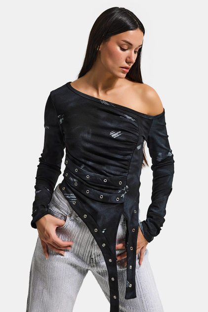 Schwarze Damenbluse mit offenen Schultern und speziellem Design mit Details