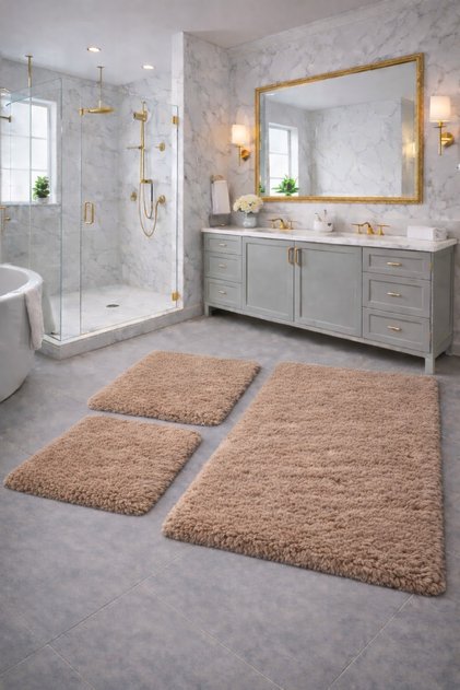Plush , Pufy , Soft, Non-Slip Sole , Washable , 60X100-60X50-30X40 Cm, 3-Piece Bathroom Set