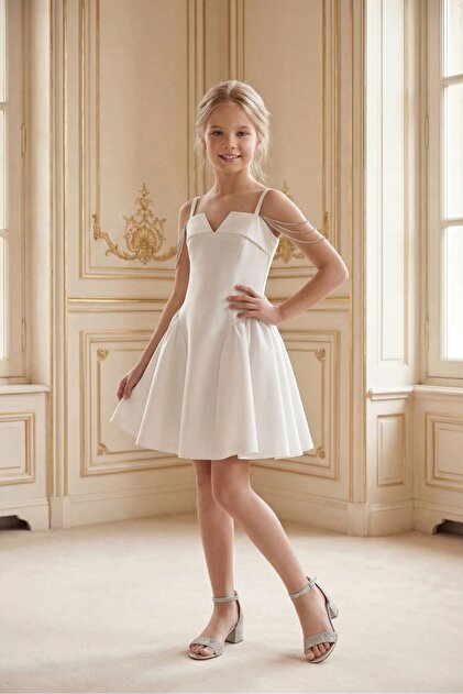 BUTİKHAPPYKİDS Girl's Evening Dress Cream Short Crepe Dress Stone Cord Shoulder Detail Bow Elegant Event Dress 10-15 Years Old