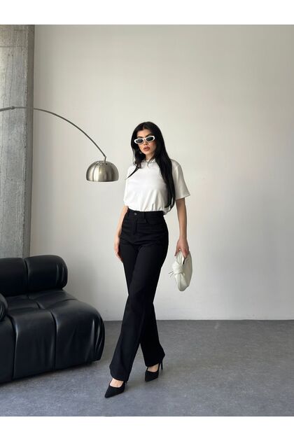 Yüksek Bel Toparlayıcı Palazzo Siyah Kumaş Pantolon – Slim Fit, Günlük & Şık Kombin