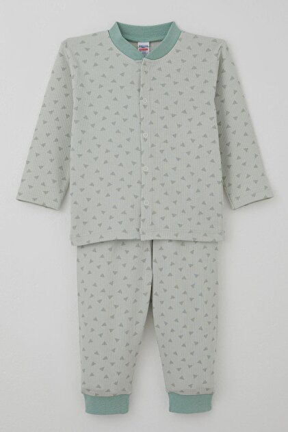 Baby Boy Pajama Set Mini Triangles with Patterned Front Buttons, 4 Months-1 Year, Water Green