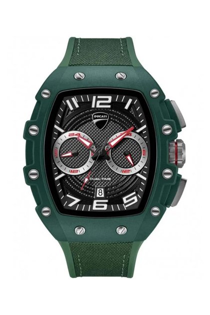 DT013 Men's Black Grey Dial Green Silicone-Nylon Strap Multifunction Watch - 44mm