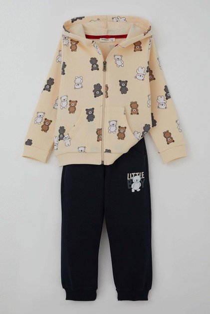 Baby Boy Tracksuit Set Cute Colorful Teddy Bear Patterned 9 Months-3 Years, Cream