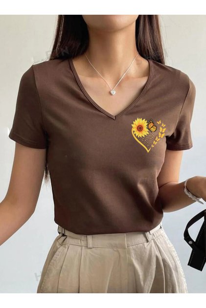 Spring Themed Butterfly Sunflower Heart Design Ba Printed Yaka Basic Pa Cotton Tshirt