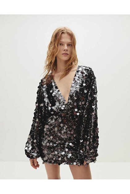 pull and bear sequin dress Pull&Bear Sequin Halterneck Mini Dress in Metallic